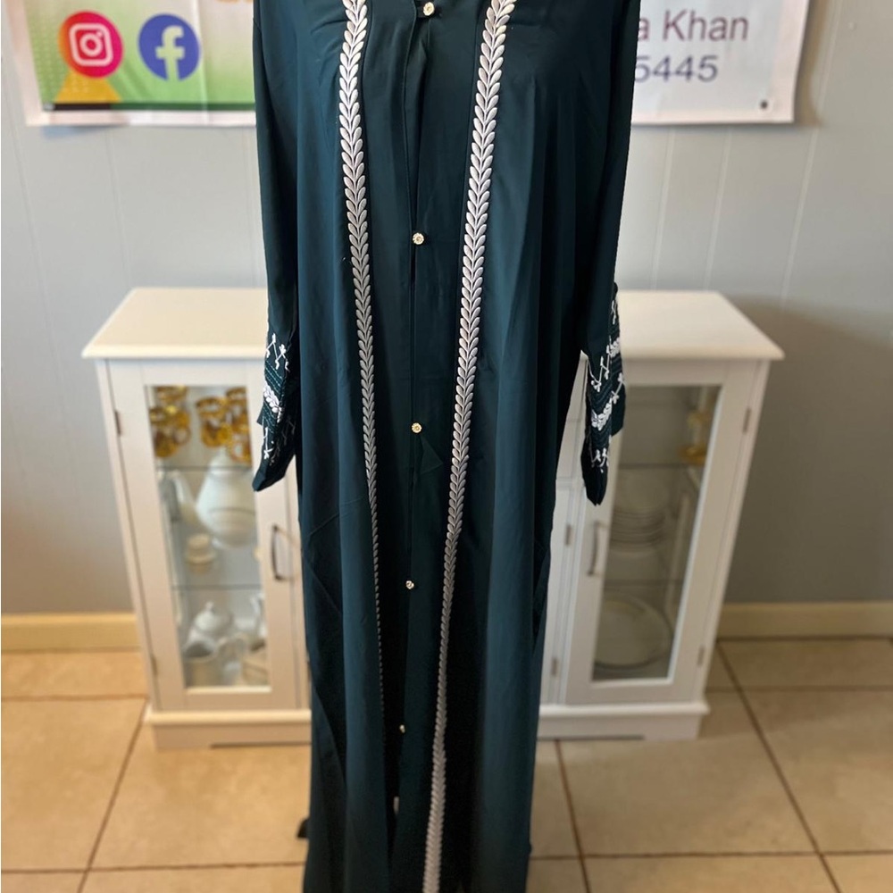 Elegant Green Embroidered open abaya